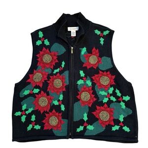 Bechamel XL Holiday Sweater Vest Poinsettia Embroidered Zip Front Cotton/Ramie